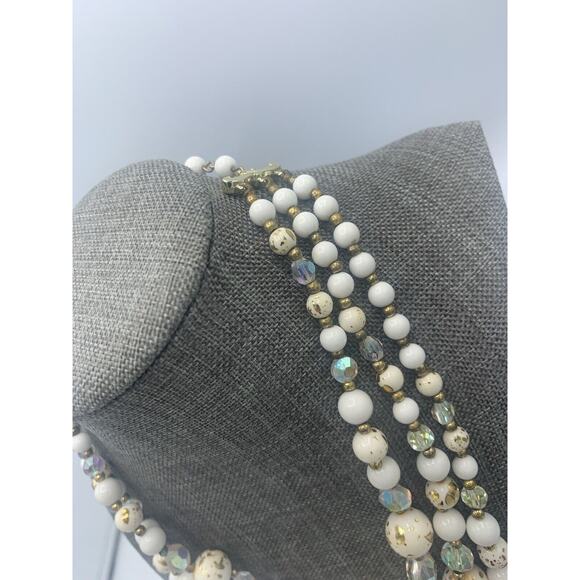 Vtg Coro Triple Strand White Gold Beaded Necklace Aurora Borealis Statement - Picture 5 of 8